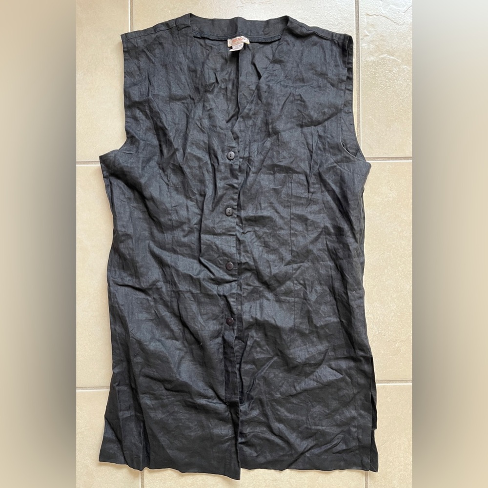 Mikado Vtg Women’s Large Black Linen V-Neck Sleeveless Button Up Vest Shirt